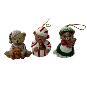 Giftco Vintage Christmas Bear Bell Ornaments Figurine Ceramic 1988 Set of 3 Red